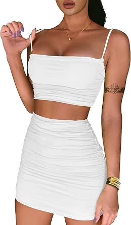 BEAGIMEG Womens Ruched Cami Crop Top Bodycon Skirt 2 Piece Outfits