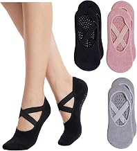 3 Pair Pilates Socks Non Slip Women,Grip Socks Pilates Kit,Grippy Sock Set | Girl Yoga Ballet Reformer Anti-Slip Home Dance Gymnastics Strappy Dot Crew,Exercise Fitness Sling Stoppersocken for Men Damen