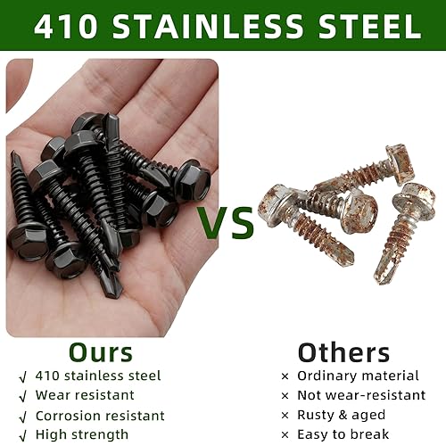 Miniatura 4 de Mellewell Tornillos autoperforantes de cabeza hexagonal #10 x 3, tornillos autoperforantes de acero inoxidable 410, acabado negro, 50 unidades