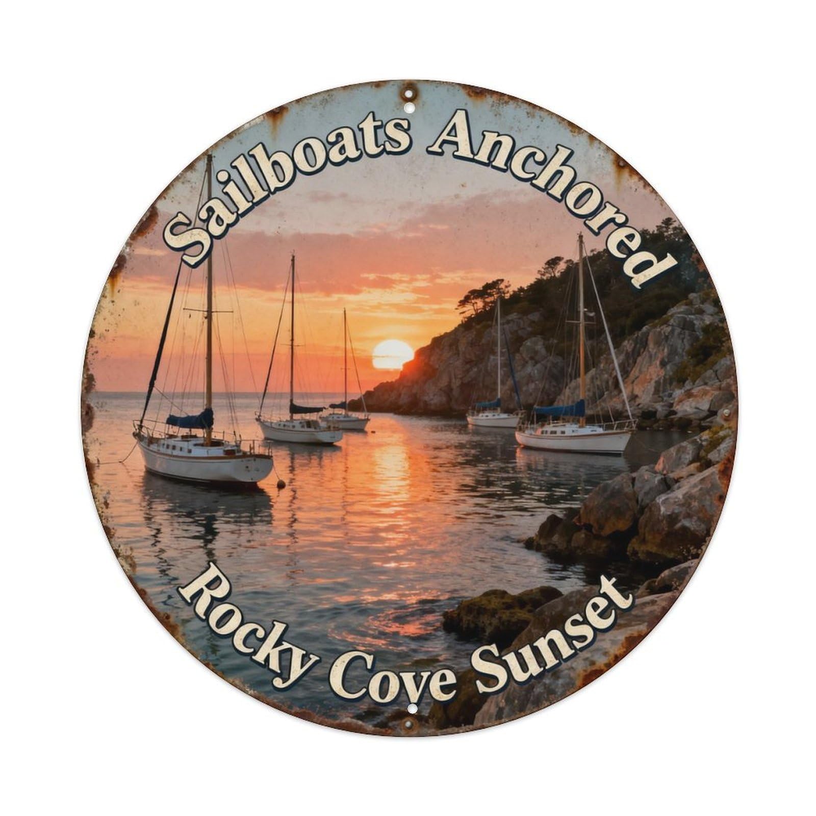 Sailboats Anchored Rocky Cove Sunset Metal Tin Sign Plaque