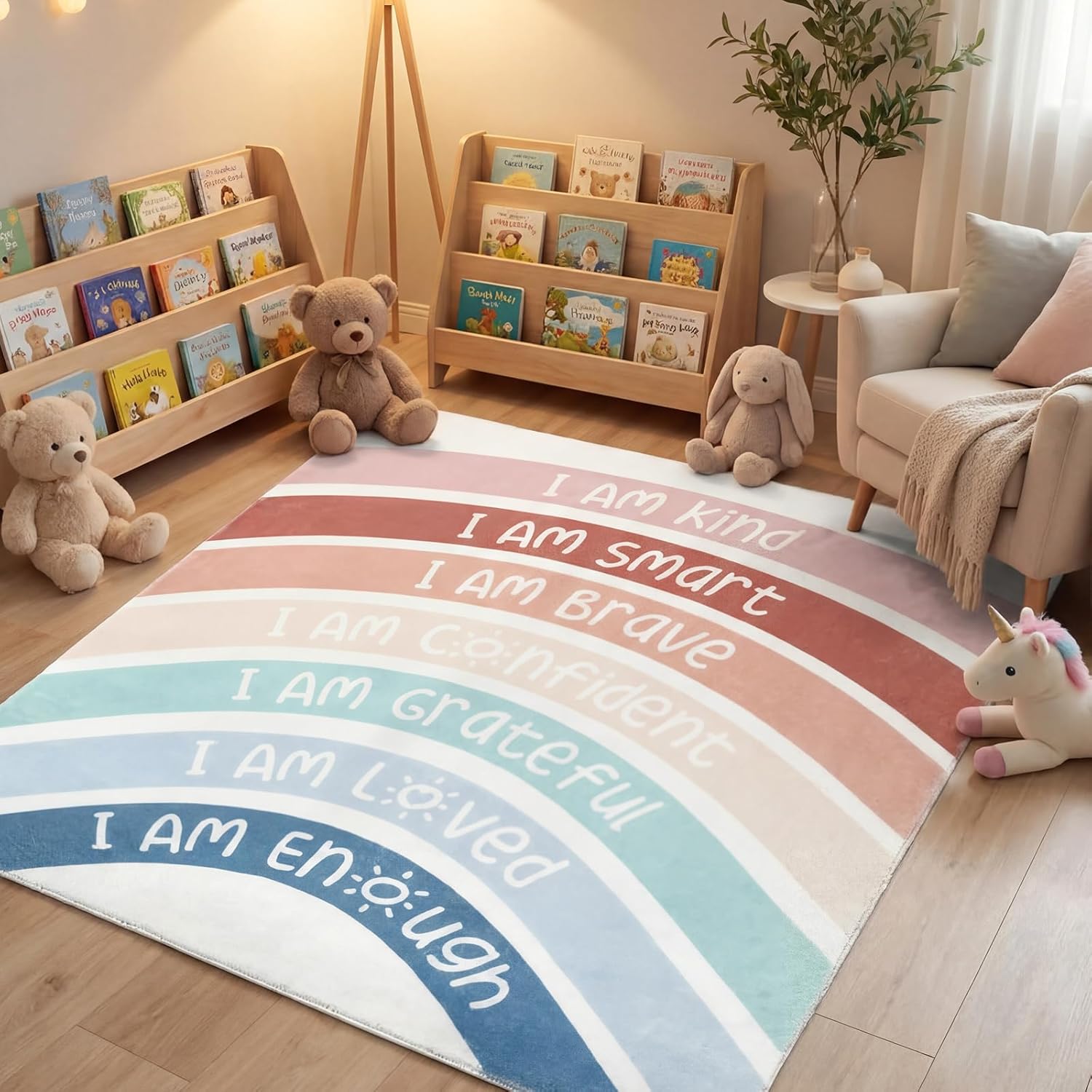 3.3 x 4 ft Boho Rainbow Classroom Rug Calming Corner Items Calm Down Reading Corner Emotion Soft Fluffy Mental Health Rug Anti-Skid Floor Mat for School Living Bedroom Playroom