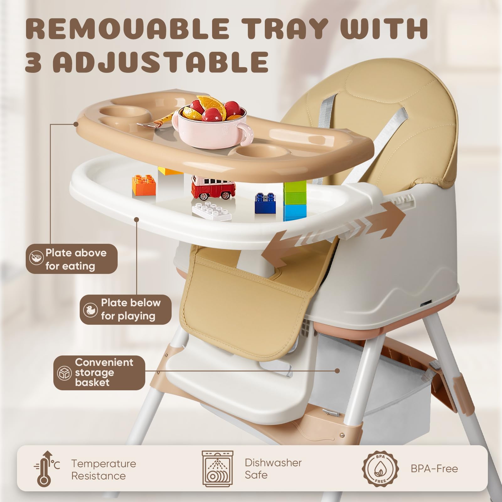 Seggiolone pieghevole 4in1, Reclinabile e regolabile in altezza, con vassoio estraibile e rotelle, Seggiolone regolabile con cintura a 5 punti, Beige