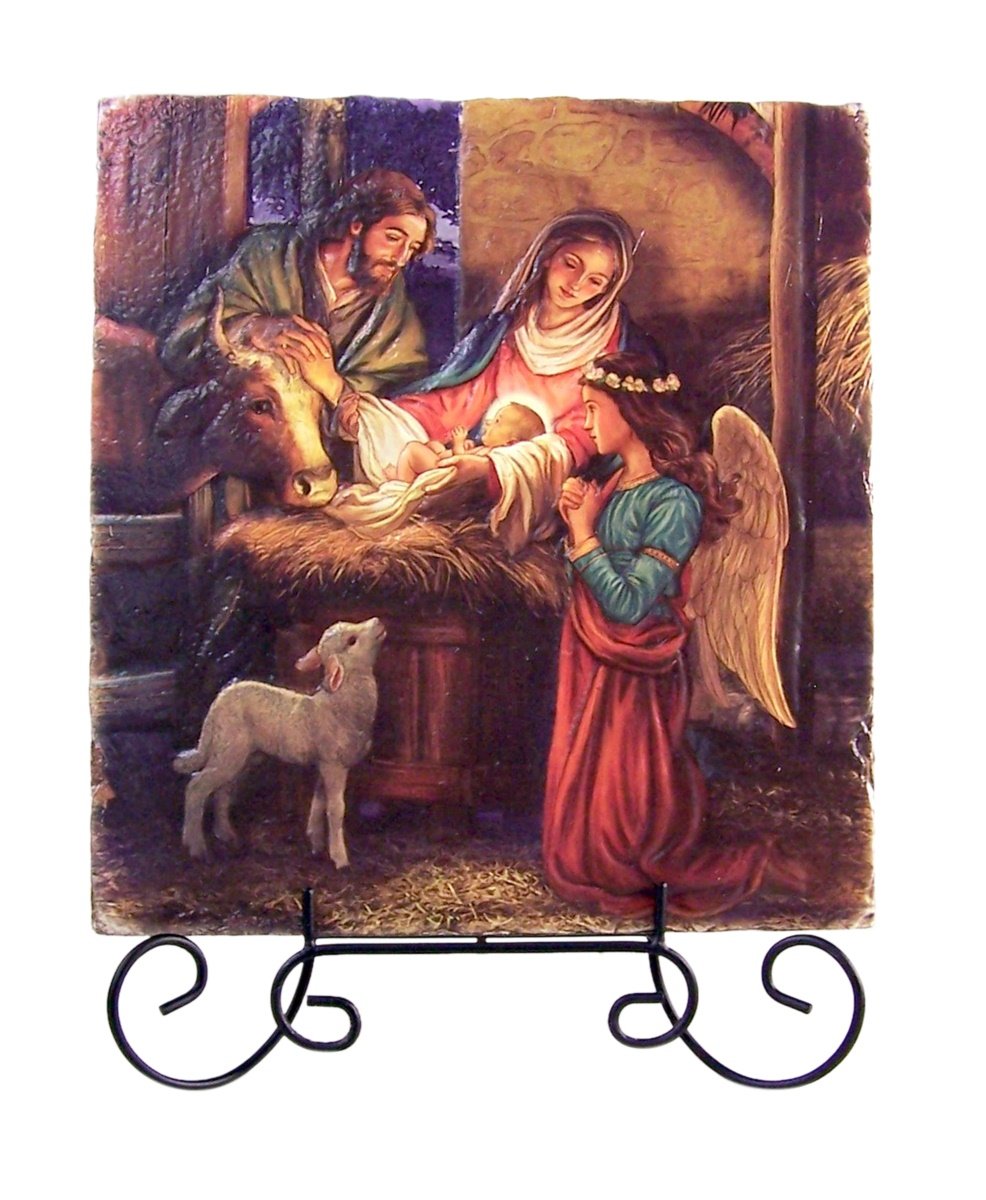 Marco Sevelli Tile Plaque Away in a Manger Christmas Nativity with Wire Stand, 8 1/2 Inch