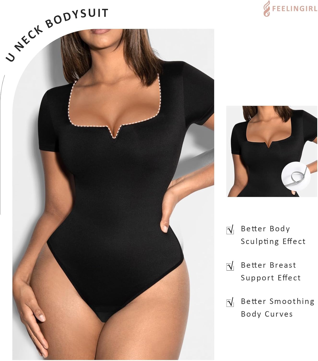 FeelinGirl Square Neck Bodysuit for Women Short Sleeve Tummy Control Slimming Bodysuit Going Out Tank Tops - Image 3