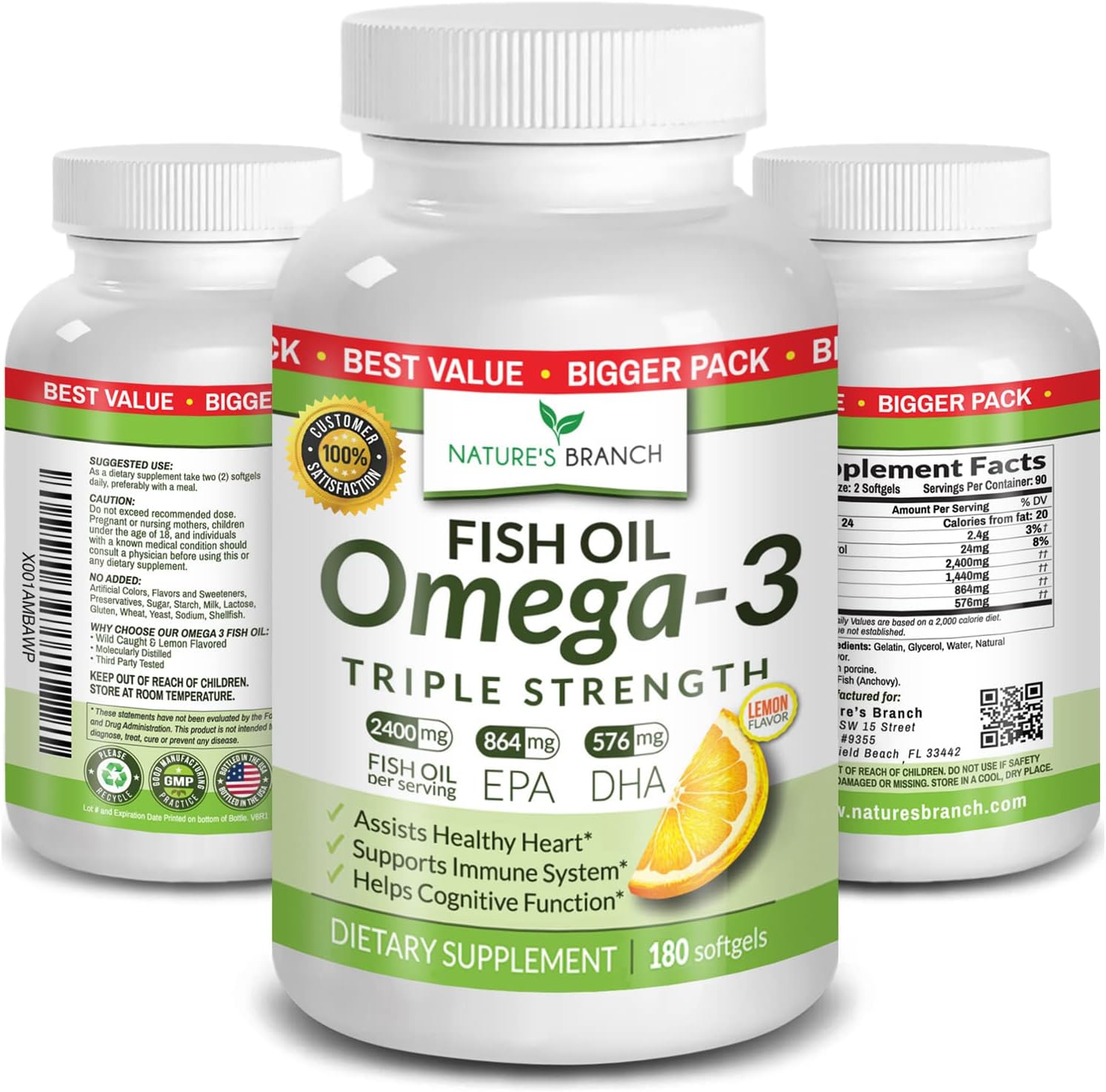 Best Triple Strength Omega 3 Fish Oil Pills - 180 Capsules - 2400mg High Potency Burpless Lemon Flavor 864mg EPA 576mg DHA Ultra Pure Liquid Softgels for Brain Joints Eyes Heart Health Supplement : Health & Household