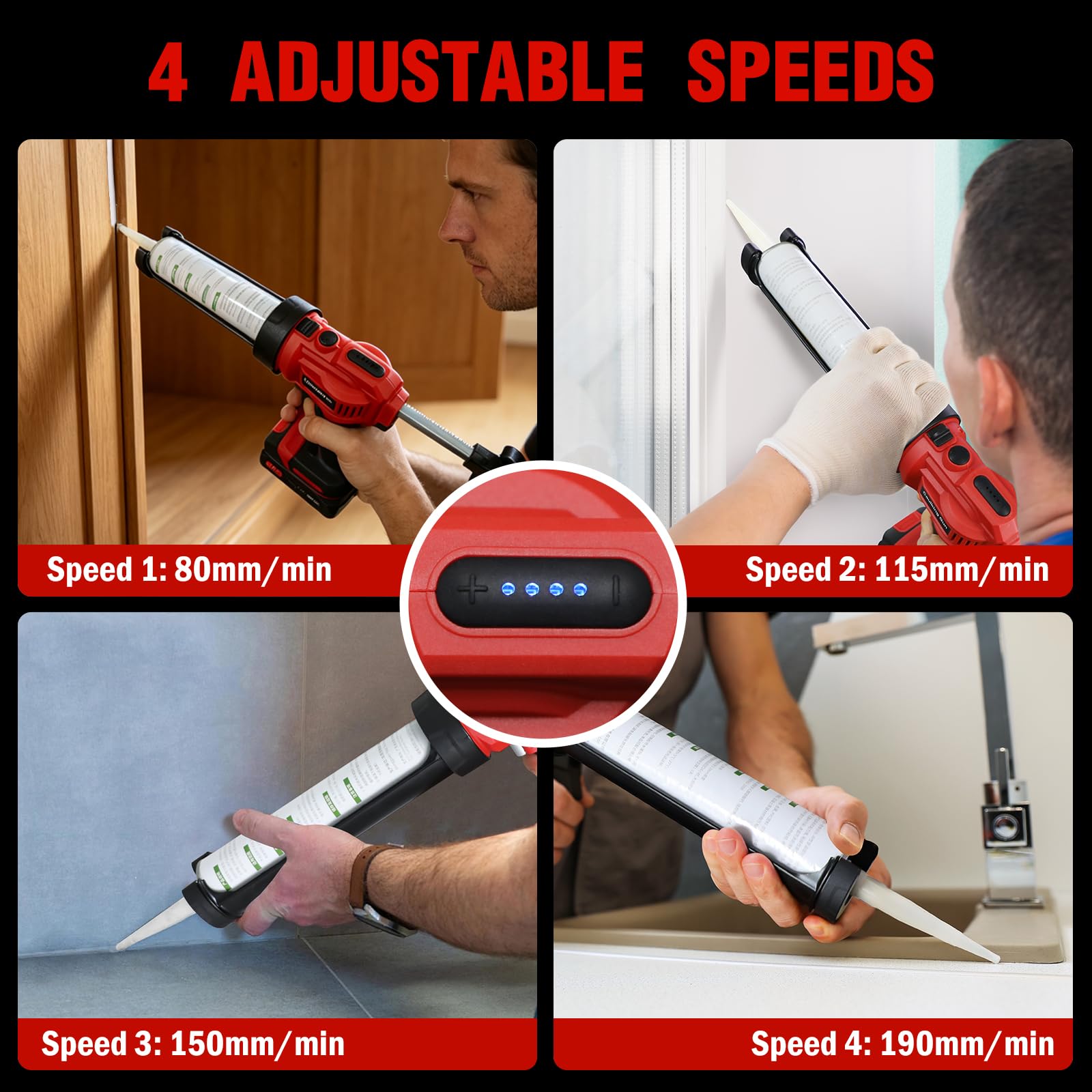 Pistola Selladora Inalámbrica 21V, 2940N y 2 Baterías | 4 velocidades ajustables, LED, sistema antigoteo automático para cartuchos rígidos estándar de 300 ml de silicona o sellador