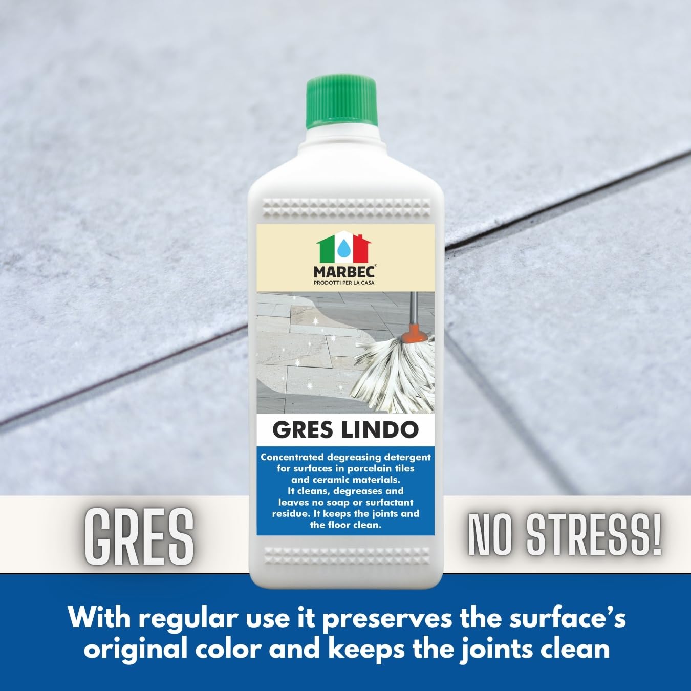 MARBEC GRES LINDO 1LT Detergente per pavimenti in gres porcellanato pulisce sgrassa senza residui. Mantiene pavimenti e fughe pulite. Ideale per Uso Quotidiano.