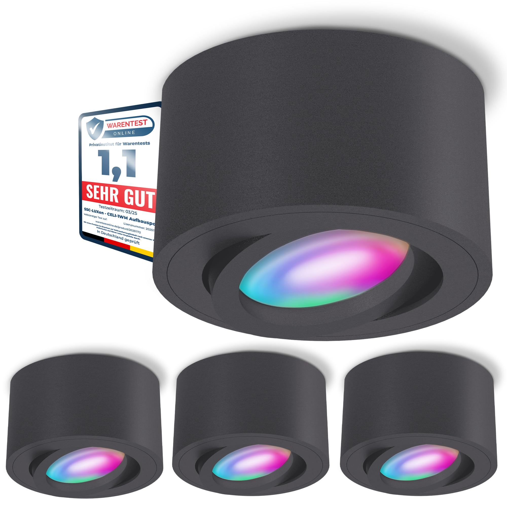 SSC-LUXon 4 Stück CELI-1N Aufbauspots flach schwenkbar kompatibel mit Alexa, Siri & Google - Deckenspot mit Smart RGB+W LED Lampe