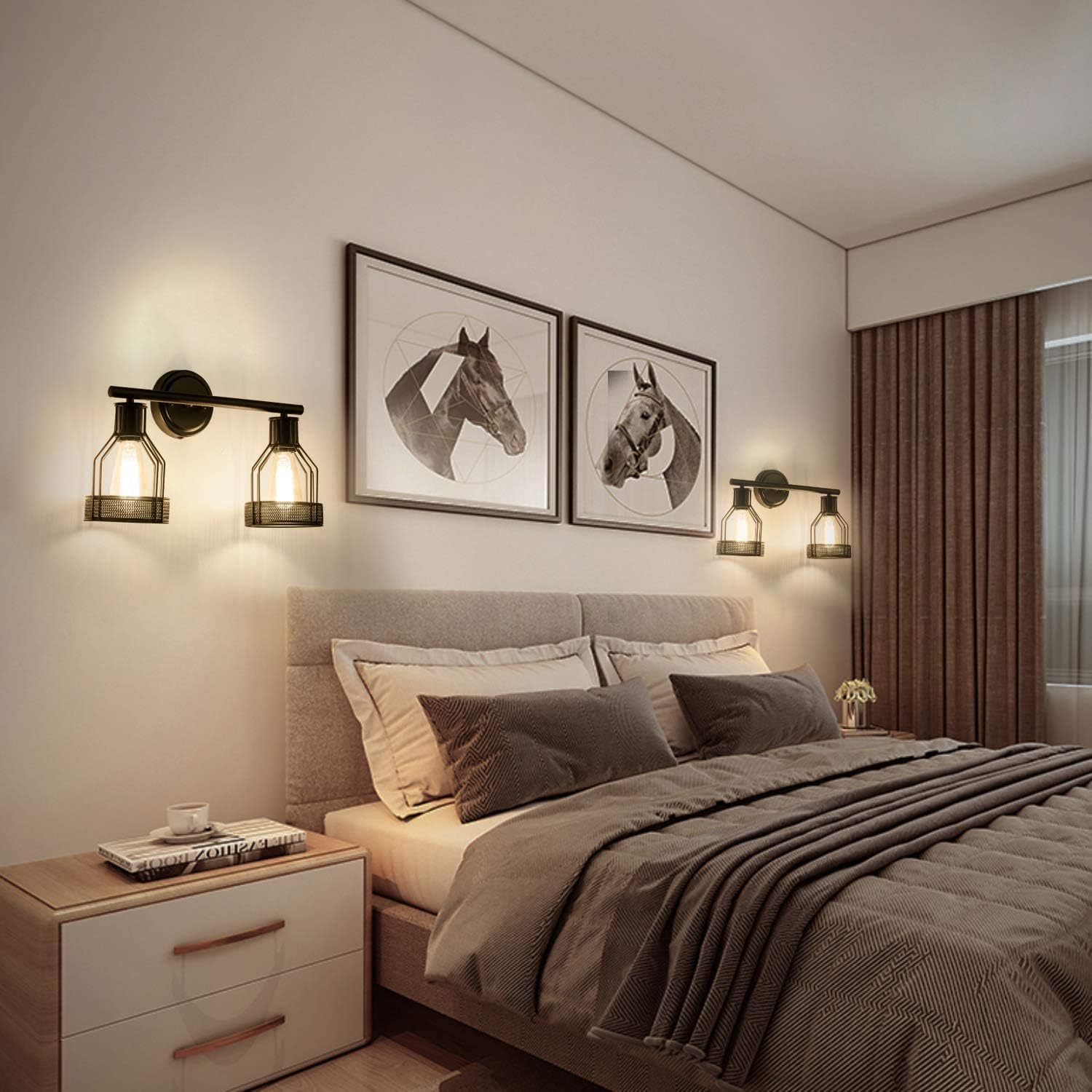 Industrial Bathroom Vanity Light 2 Lights Retro Cage Wall Sconce with Cord Metal Shade Vintage Wall Lights Fixtures for Indoor Home Dressing Table Mirror Cabinet (Bulb Not Included)(Black 2 Lights)