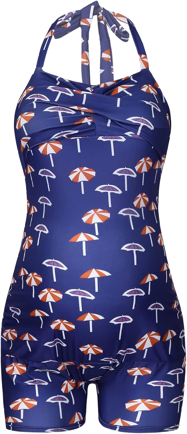 Maternity Ruched Swimsuit One Piece Halter Boyleg Pregnancy Monokini Bathing Suit Swimwear
