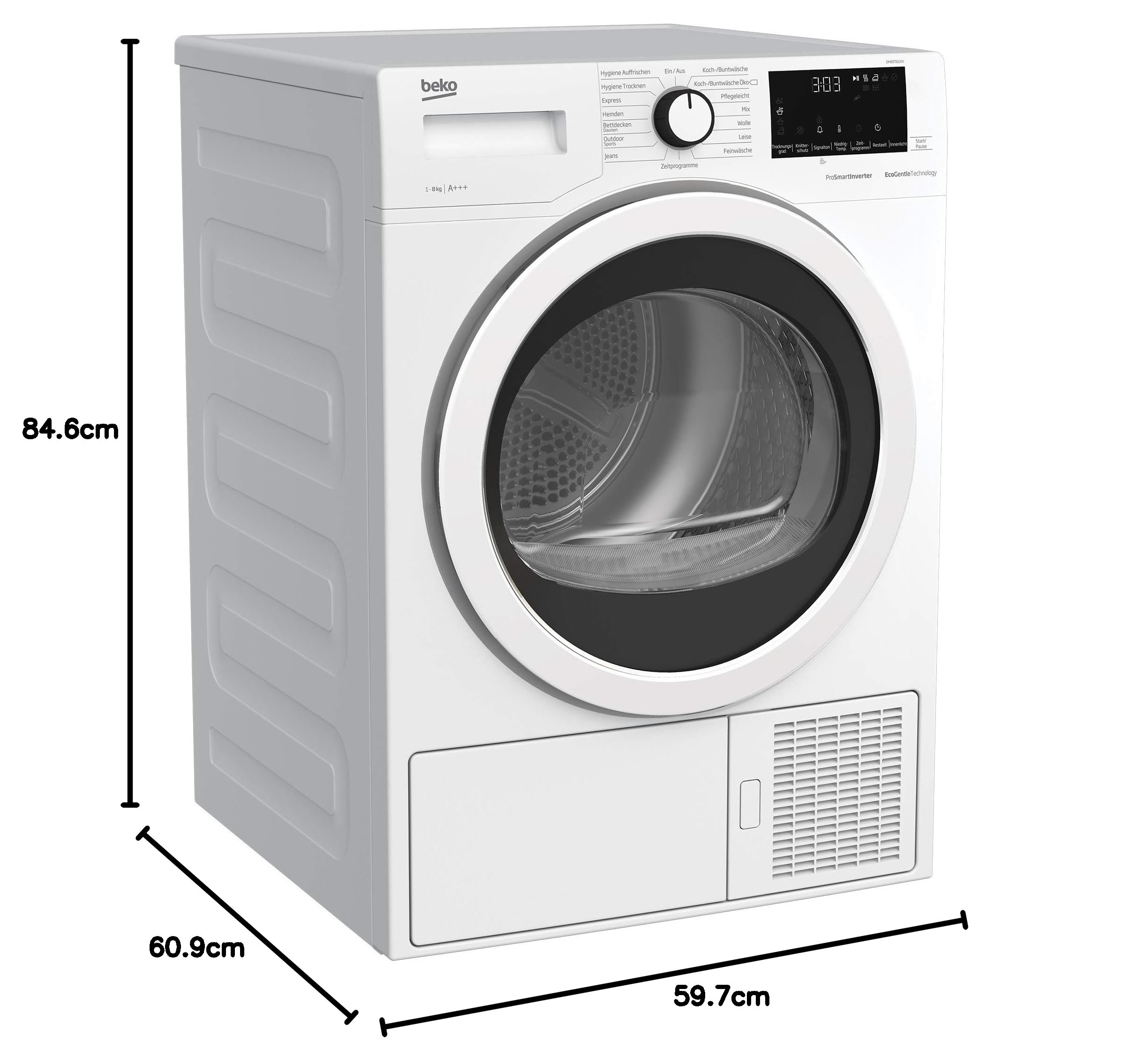 Beko DH85T6GXV b300 Wärmepumpentrockner, 8 kg, 15 Programme, OptiSense Sonsor-Trocknung, Allergikergeeignet, Inverter Motor, wechselbarer Türanschlag, AquaWave Schontrommel, Weiß