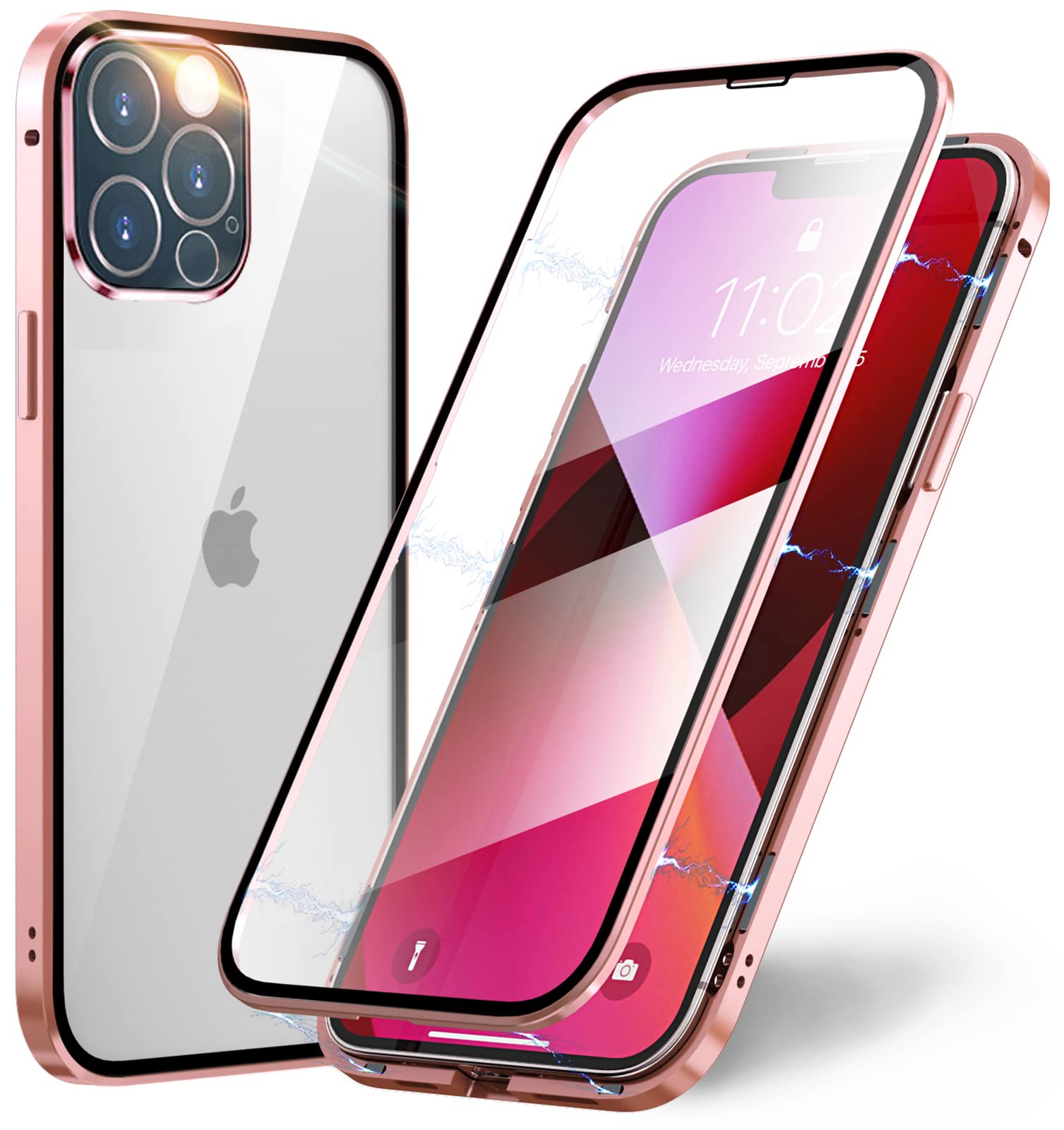 Cover Magnetica per iPhone 13 Pro,Custodia in Metallo Bumper ed Antiurto,Vetro Temperato Trasparente Fronte Retro Case,Protezione 360 Gradi Cover Protettiva per iPhone 13 Pro,Rosa