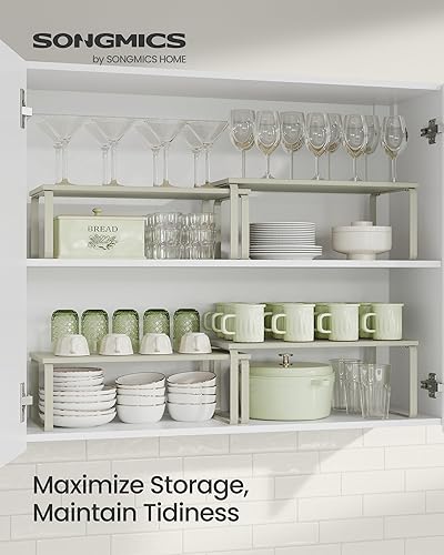 Vista 153 de SONGMICS Estante organizador de gabinete, juego de 2 estantes de encimera de cocina, almacenamiento de cocina, estante de especias, apilable, Blanco