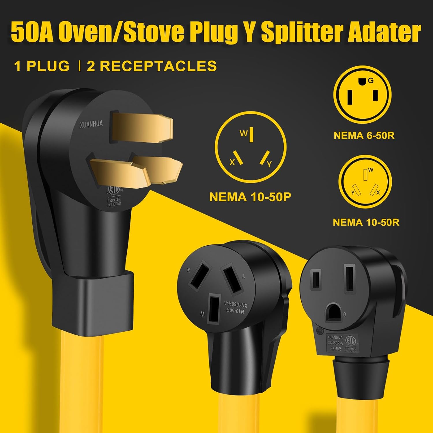 3 Prong 50 Amp Y Splitter for EV Charger and Older Ranges, NEMA 10-50P to 10-50R/6-50R Adapter for EV Charger at 50A Older Welder Outlet (Pre-1996) 125/250V, STW 3-Wire 6 AWG, 3FT
