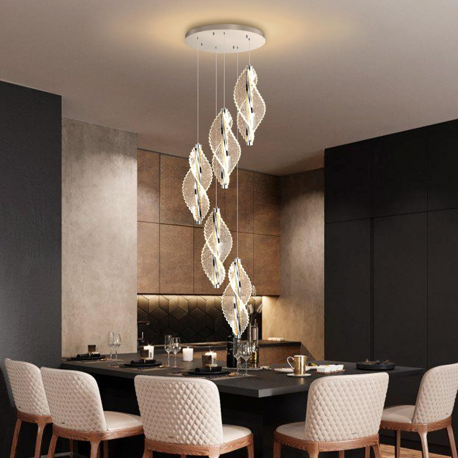 5-Light Silver Modern Chandelier Dimmable Light Fixture High Ceiling Chandelier for Foyer Acrylic Chandeliers Adjustable for Staircase Living Room Enterway Corridor LED Included