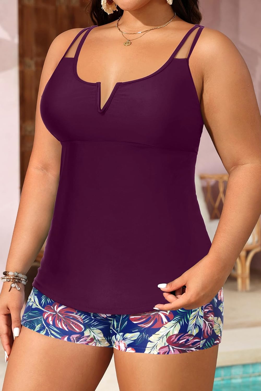 Daci レディース プラスサイズ タンキニ水着 - ショーツ付きツーピース水着 腹部コントロール水着 Vワイヤー付き 2025