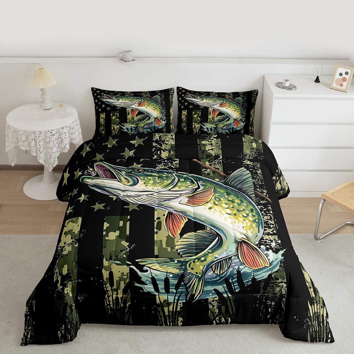 Feelyou Big Pike Fishing Comforter Set All Season Camo Bedding Set with 1 Pillow Cases Hunting and Fishing Kids Twin Bedclothes Camouflage Bedroom Decor Duvet Quilt Breathable Soft Lightweight