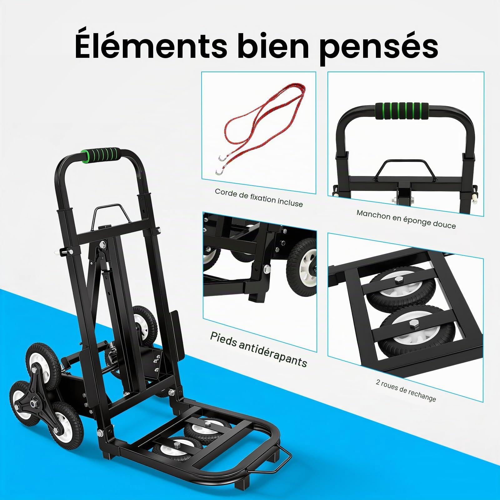 Diable pliable pour charges lourdes 150kg monte-escalier à roues étoilées triple, transporter, diable d'escalier avec 2 pneus de rechange, hauteur réglable 73-114cm, chariot empilable