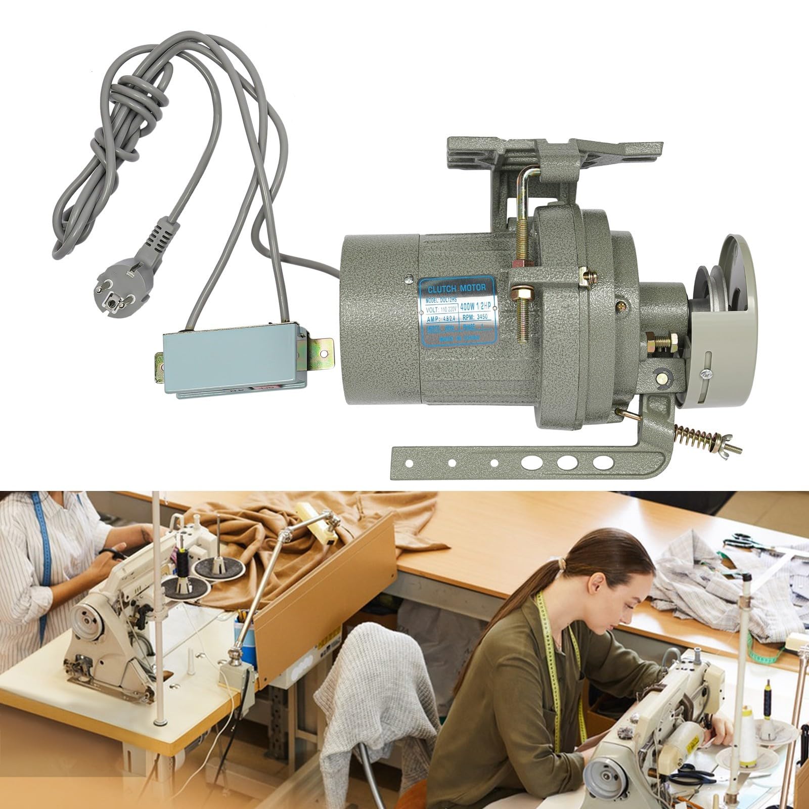 Motor eléctrico de embrague, 400 W, 2850 rpm, motor de máquina de coser industrial, color gris, 220 V, con cubierta protectora para máquinas de zigzag máquinas de perlas overlock