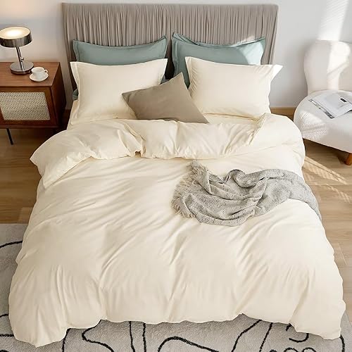 Miniatura 8 de VClife Juego de funda de edredón de microfibra lavada individual con cierre de cremallera, 3 piezas, estilo simple, color blanco marfil, 1 funda de