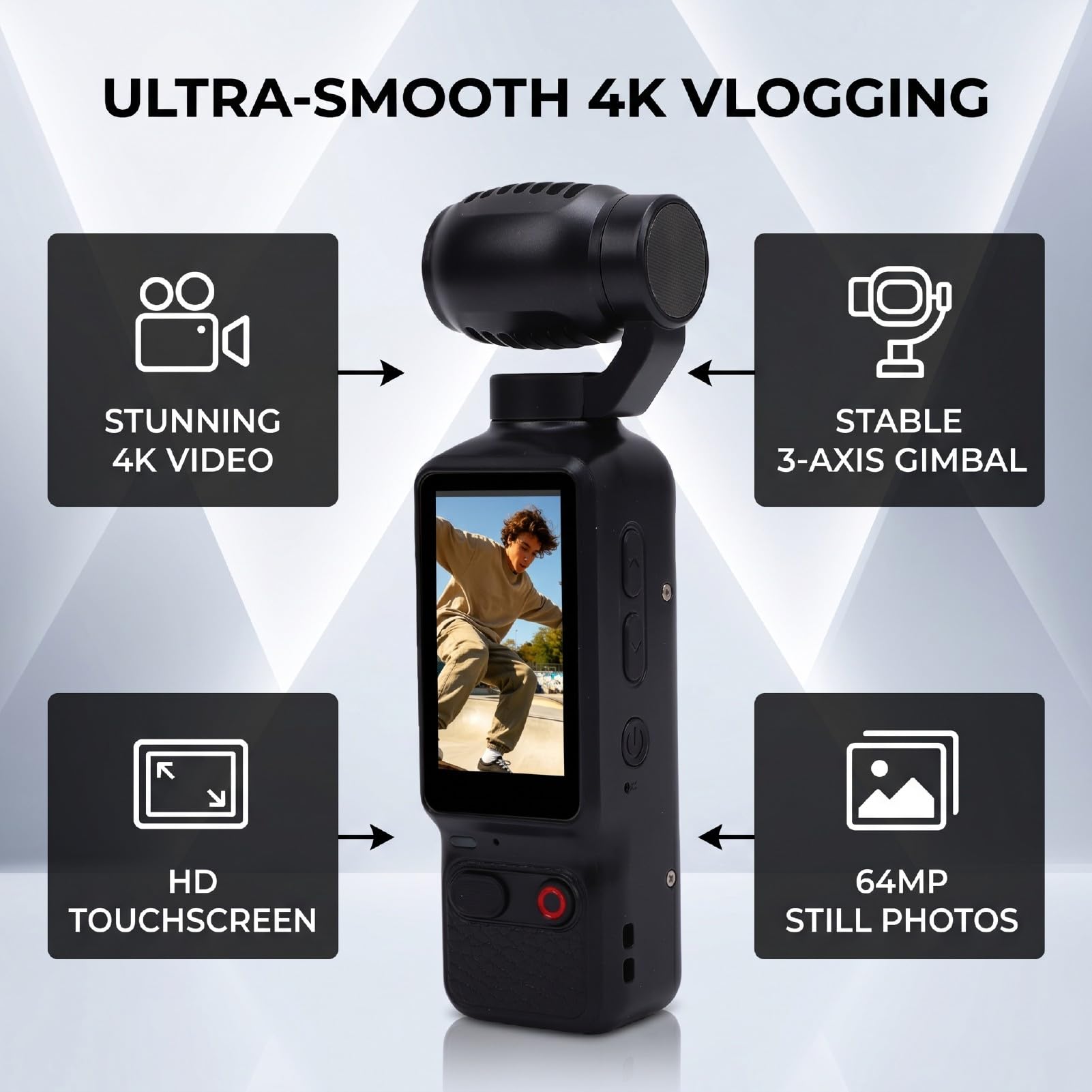 Videocamera Sportiva 4K, Fotocamera 64MP | Fotocamera Vlog con Obiettivo Girevole a 180°, Luce Integrata per Video