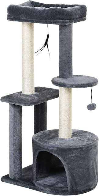 PawHut Cat Tree for Indoor Cats Kitten Tower w/ Perch House Scratching Post Platform Play Ball Plush Covering Play Rest Relax Grey White