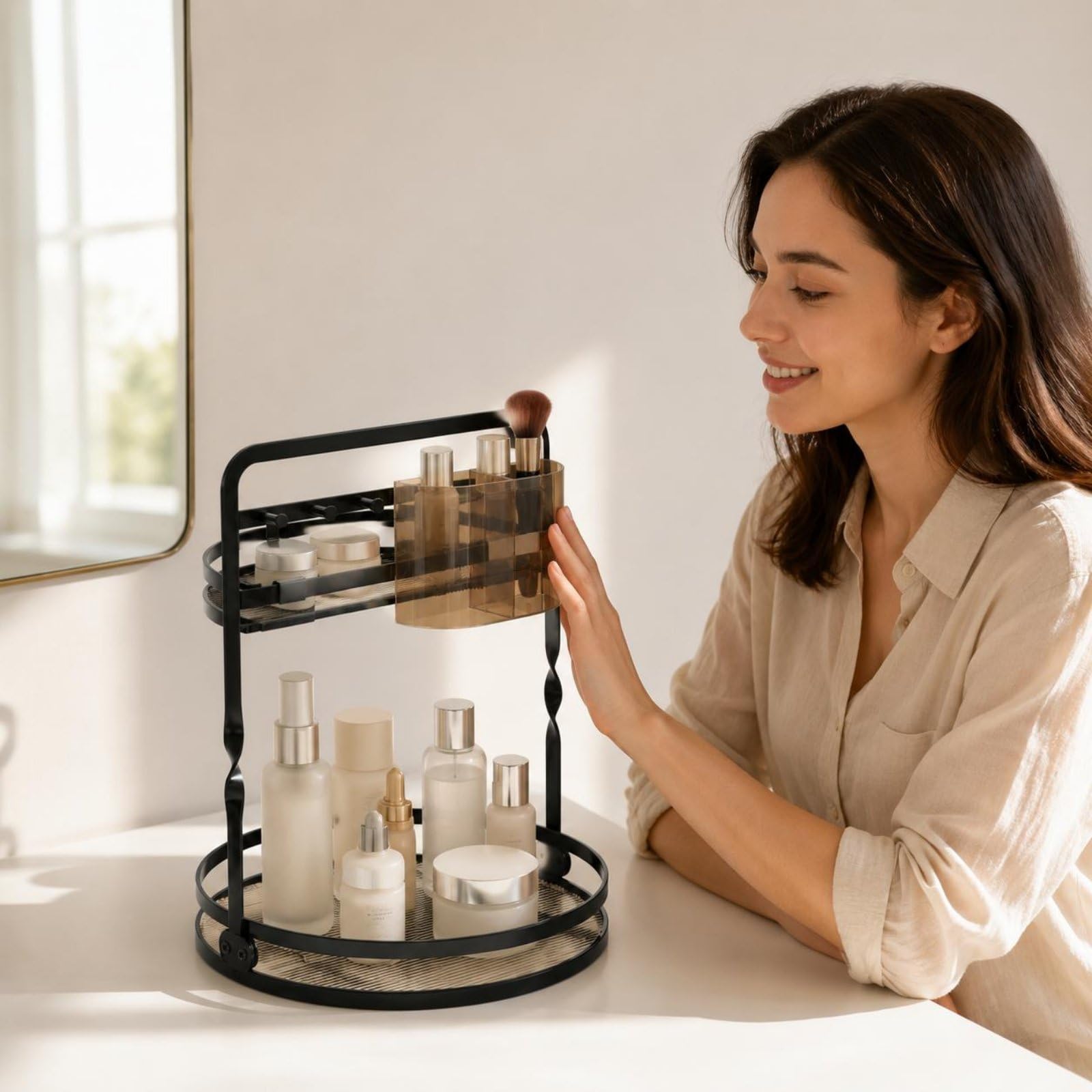 Vanity Organizer Organizzatore Trucco Portatrucchi Portapennelli Portaprofumi Rotante con Base Tonda in Metallo Due Livelli Ordine Rapido con, Nero, Style to 4