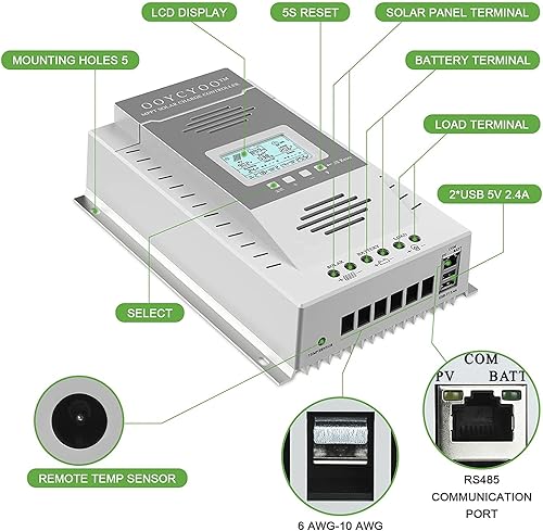 Miniatura 2 de Controlador solar MPPT de 60 amperios, rastreador de entrada de 100 V para cargador de fosfato de hierro y litio LiFePO4 (plomo ácido AGM), panel