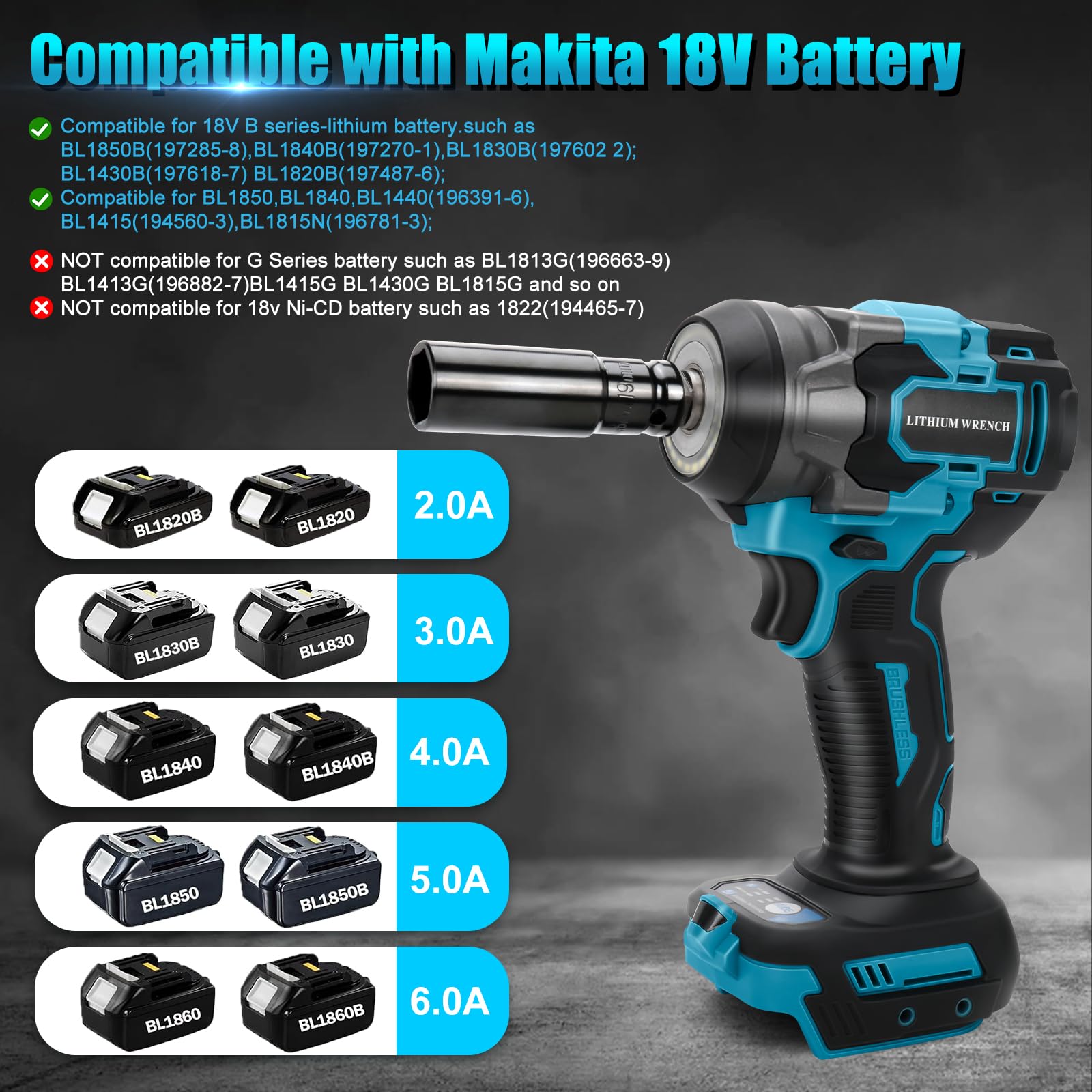 Clé à Chocs Sans Fil 650 Nm Visseuse pour Makita 18V Sans Batterie | 3 IN 1 Brushless Boulonneuse à Choc, 3 Vitesses et Lumière LED, Pour Pneus, Montage Automobile