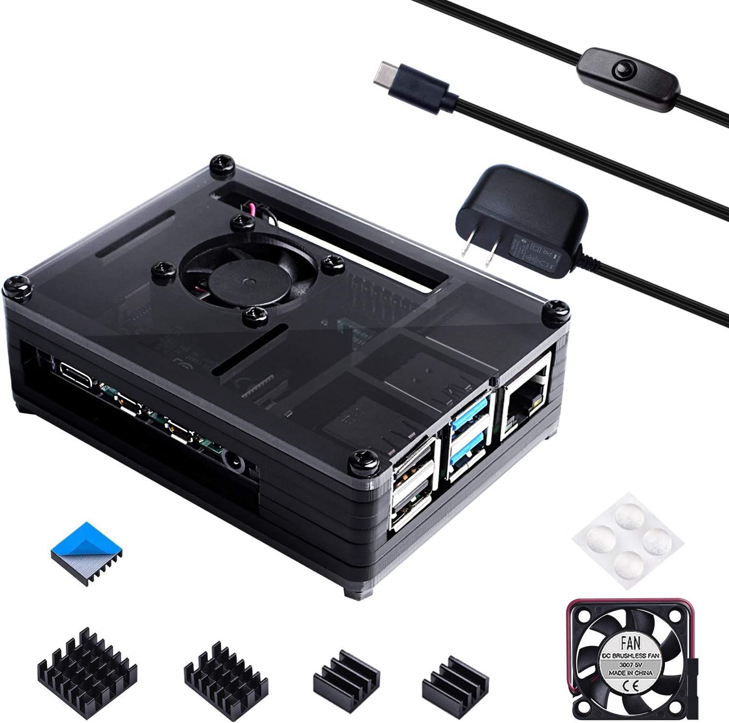 SmrazaCase for Raspberry Pi 4, Acrylic Pi 4B Case with Quiet Cooling Fan, 4PCS Heatsinks, 5V 3A USB-C Power Supply for Raspberry Pi 4 Model B 8GB/4GB/2GB - Black