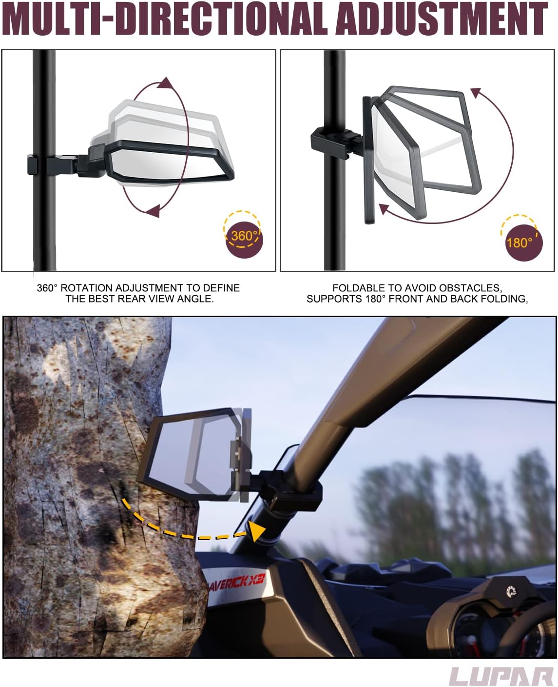 Aluminum UTV Side Mirrors Fits 1.75"-2" Roll Cage Bar America USA Flag Pattern Side Rear View Mirror for Polaris RZR XP Turbo Can-Am Maverick X3 Yamaha Talon Kawasaki Pioneer