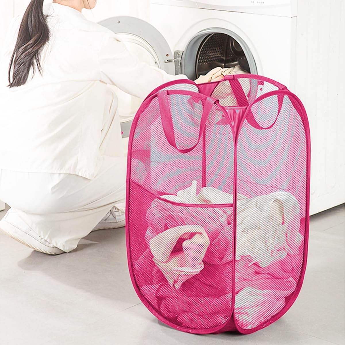 NUZAMAS Cesto portabiancheria pieghevole in rete pop-up con tasca laterale, cesto per vestiti sporchi con manici, per bagno, camera da letto, dormitorio, rosso rosa