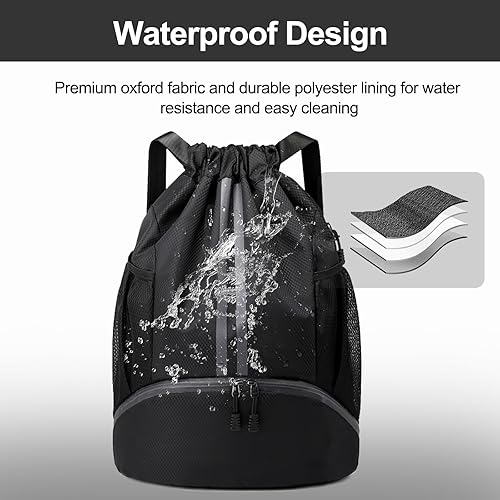 Miniatura 6 de Hoedia Mochila deportiva con cordón, bolsa de gimnasio con compartimento para zapatos y bolsillo a prueba de humedad para mujereshombres, Negro -,