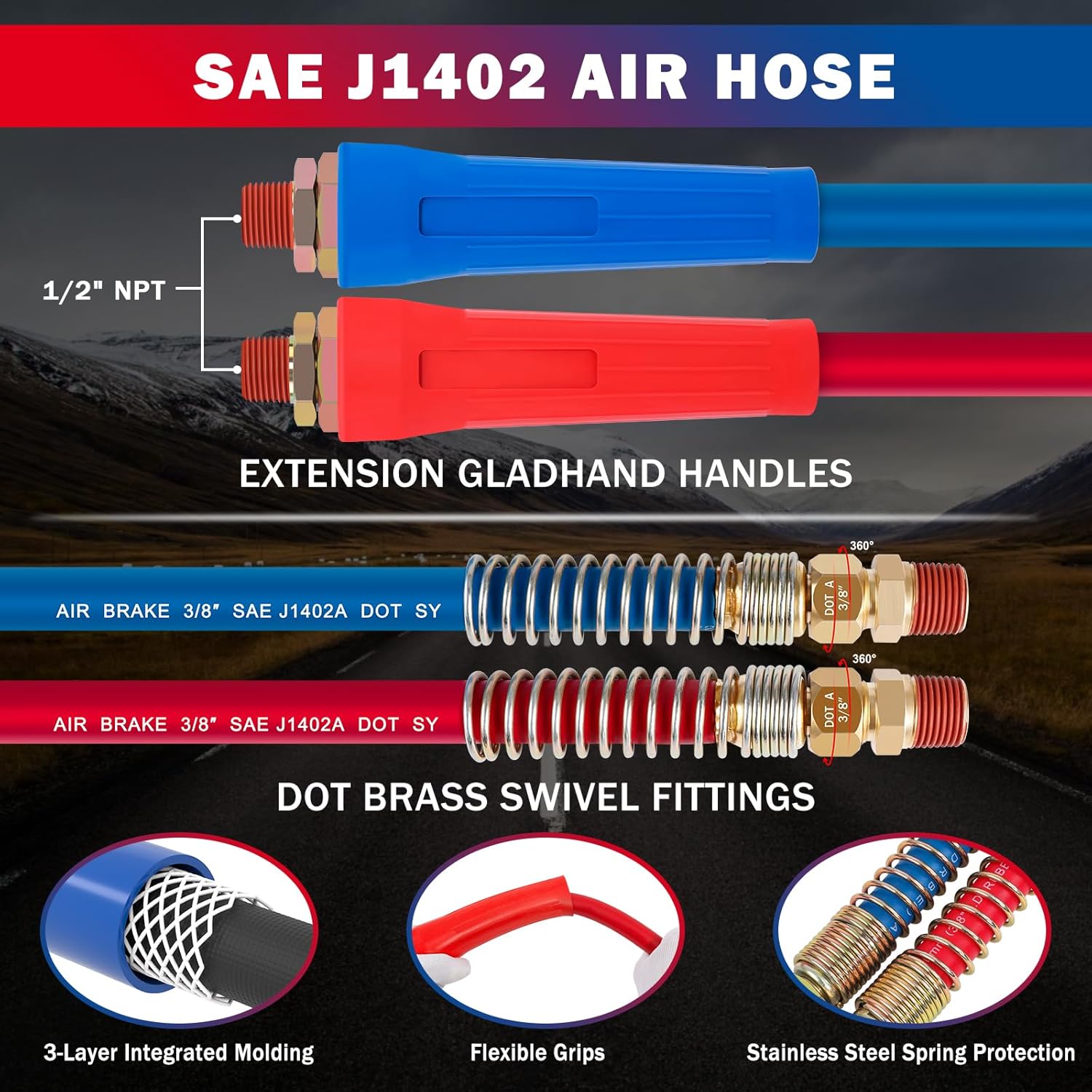 CheeMuii 15 FT Semi Truck Air Lines Kit with 2 PCS 16" Single Tender Spring Kit and Gladhand Holder 3IN1 Red & Blue Air Hoses ABS Electric Power Line Kit for Truck Trailer Tractor