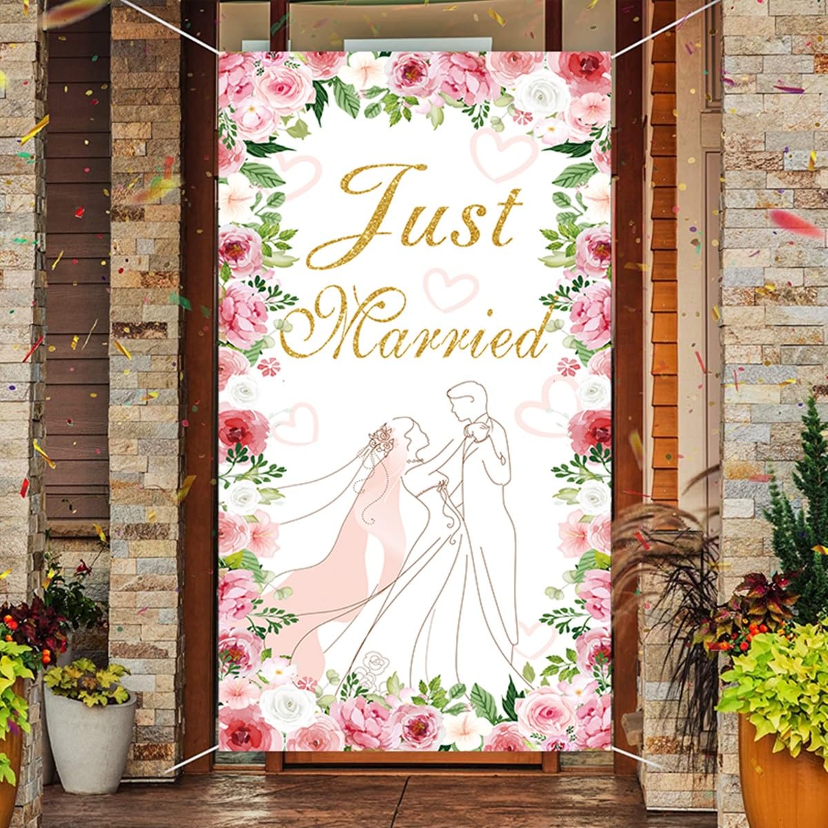 LOONELO Just Married Wedding Door Cover with 70.8''X35.4'', Floral Bridal Shower Hanging Banner Porch Sign for New Couple Wedding Ceremony, Engagement