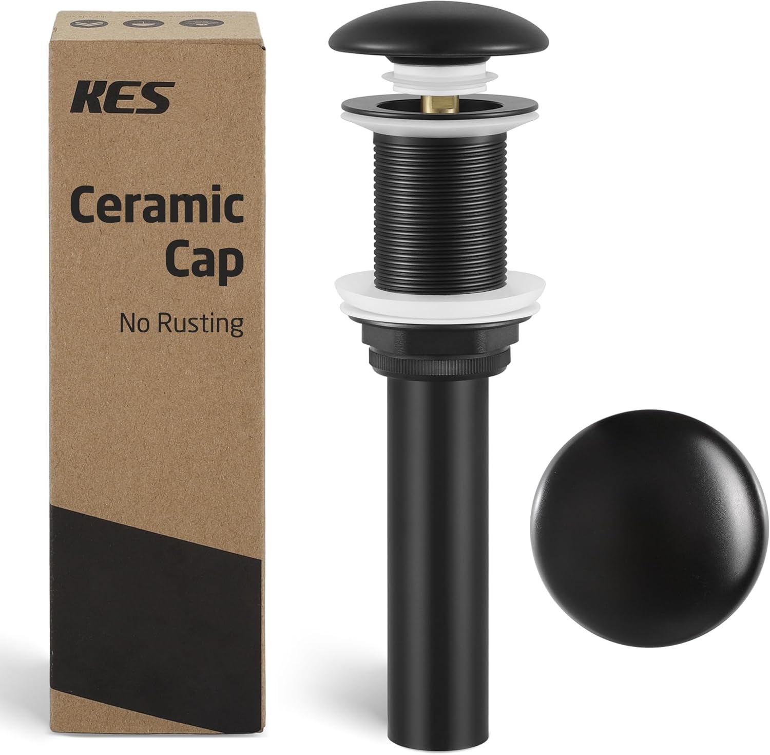KES Bathroom Sink Drain Without Overflow, Solid Ceramic Cap Pop Up Drain for Bathroom Sink, Ceramic Bathroom Sink Stopper, All-Metal Body Matte Black, S2008D-CB