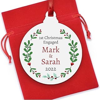 Our First Christmas Engaged Tree Decoration - PERSONALISED Christmas Engagement Gifts for Couples - Wooden Hanging Ornament for Fiance - Fiance Gifts for Him - Engagement Christmas Bauble