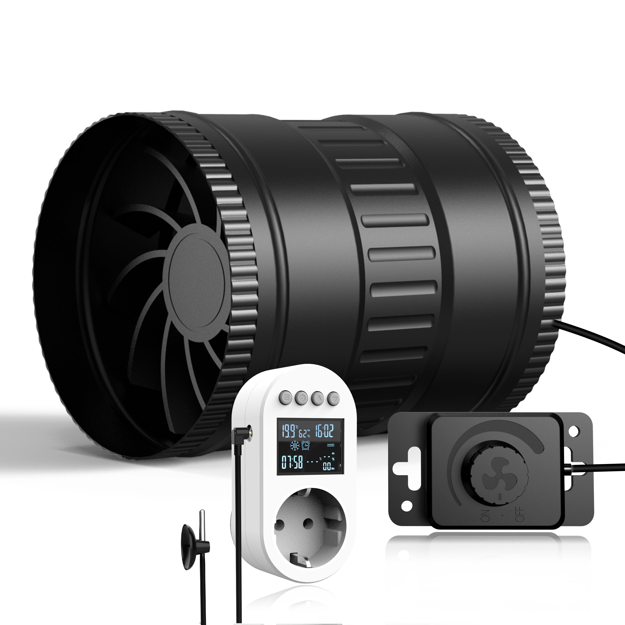 Brogachy Rohrventilator 150mm mit Intelligenter Steckdose für Growzelte | Rohrlüfter EC Moto Steckdose mit Timer nachlauf Temperatursensor und Feuchtigkeitssensor für Garagen und der Keller