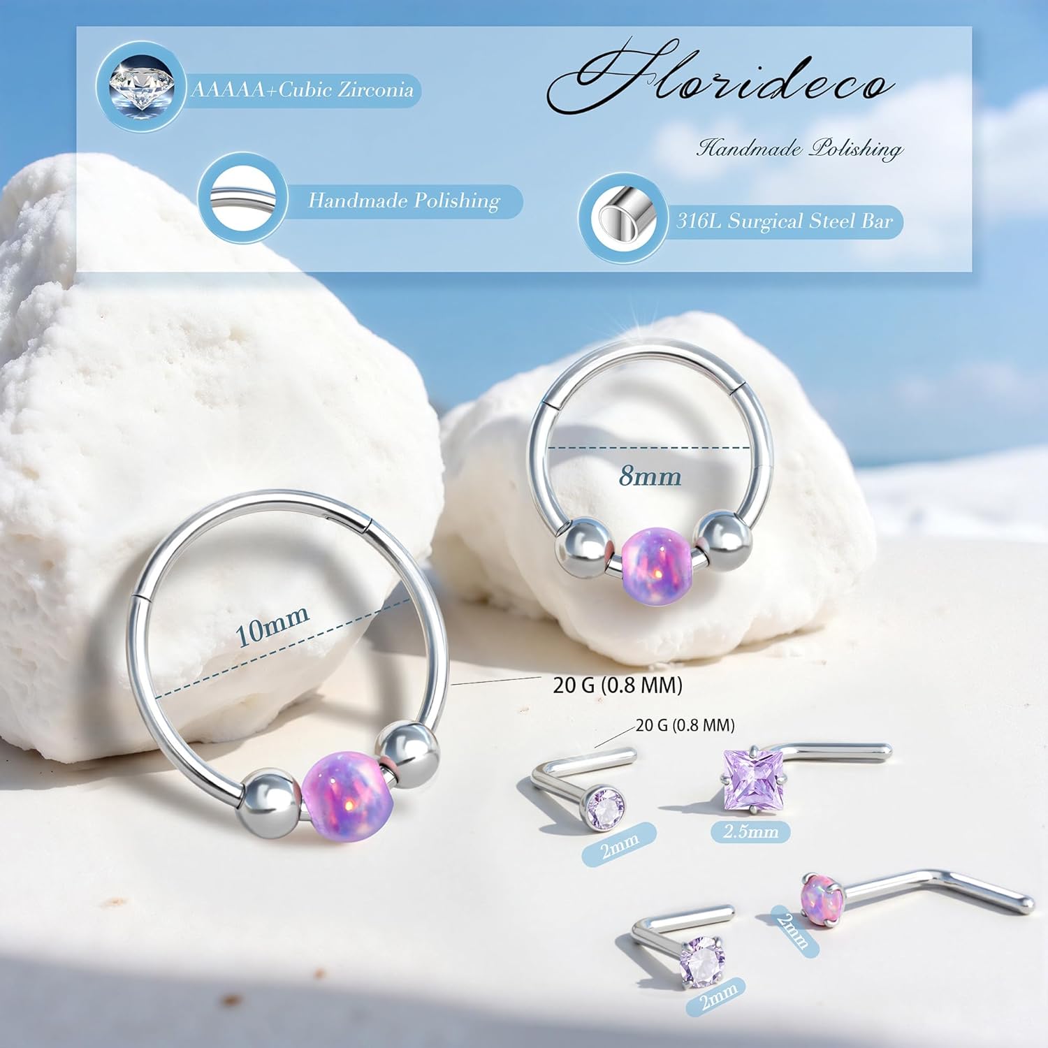 Florideco 6PCS Nose Rings for Women 8mm& 10mm Surgical Steel Nose Ring Hoop L Shaped Nose Rings Studs Hypoallergenic Nostril Septum Cartilage Helix Nose Piercing Jewelry 18G 20G - Image 2