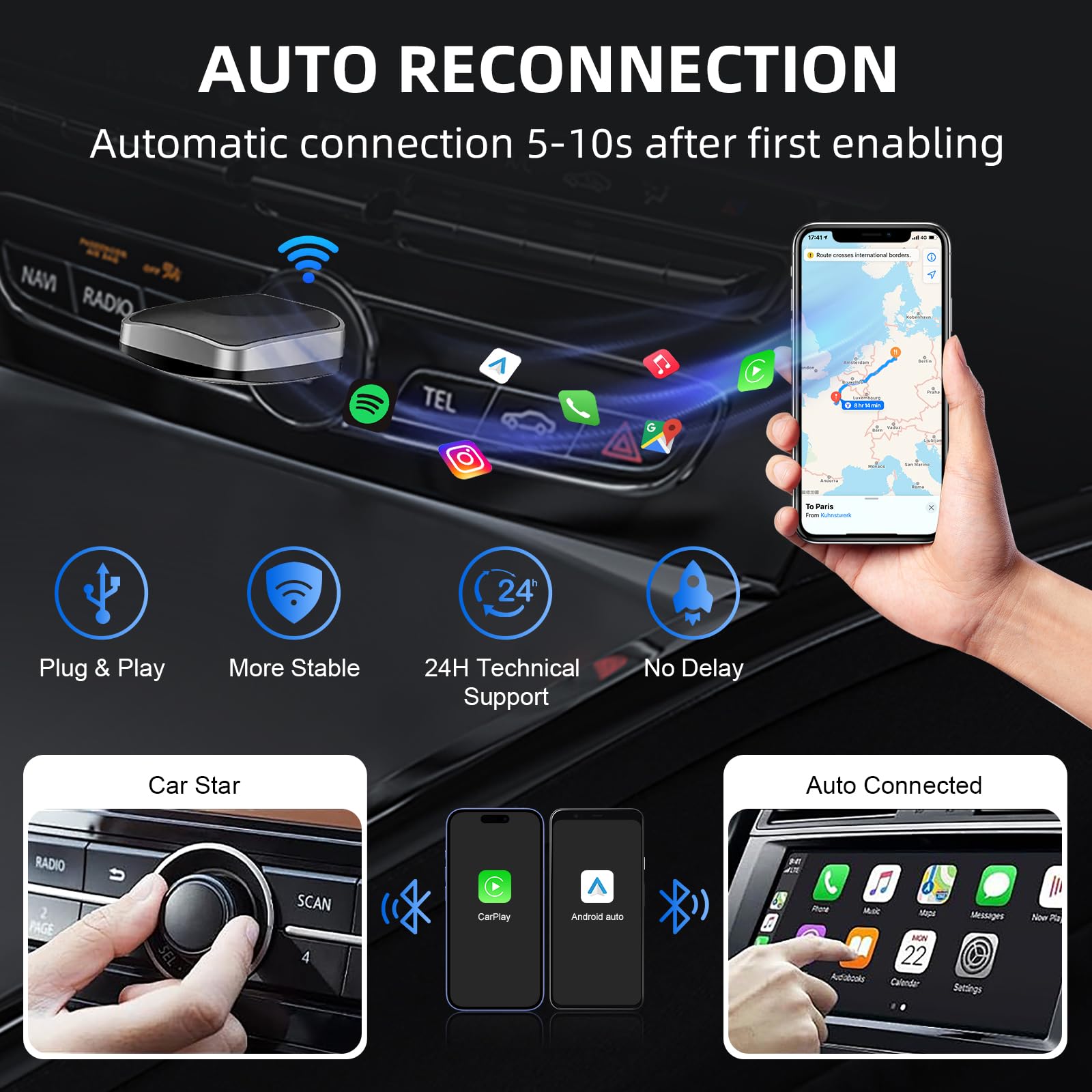 Wireless CarPlay Android Auto 2in1 Adapter, Plug and Play, für Autos mit kabelgebundenem CarPaly und Android Auto, unterstützt iOS 10+ & Android 11+ (Unidirektional Ende-075)