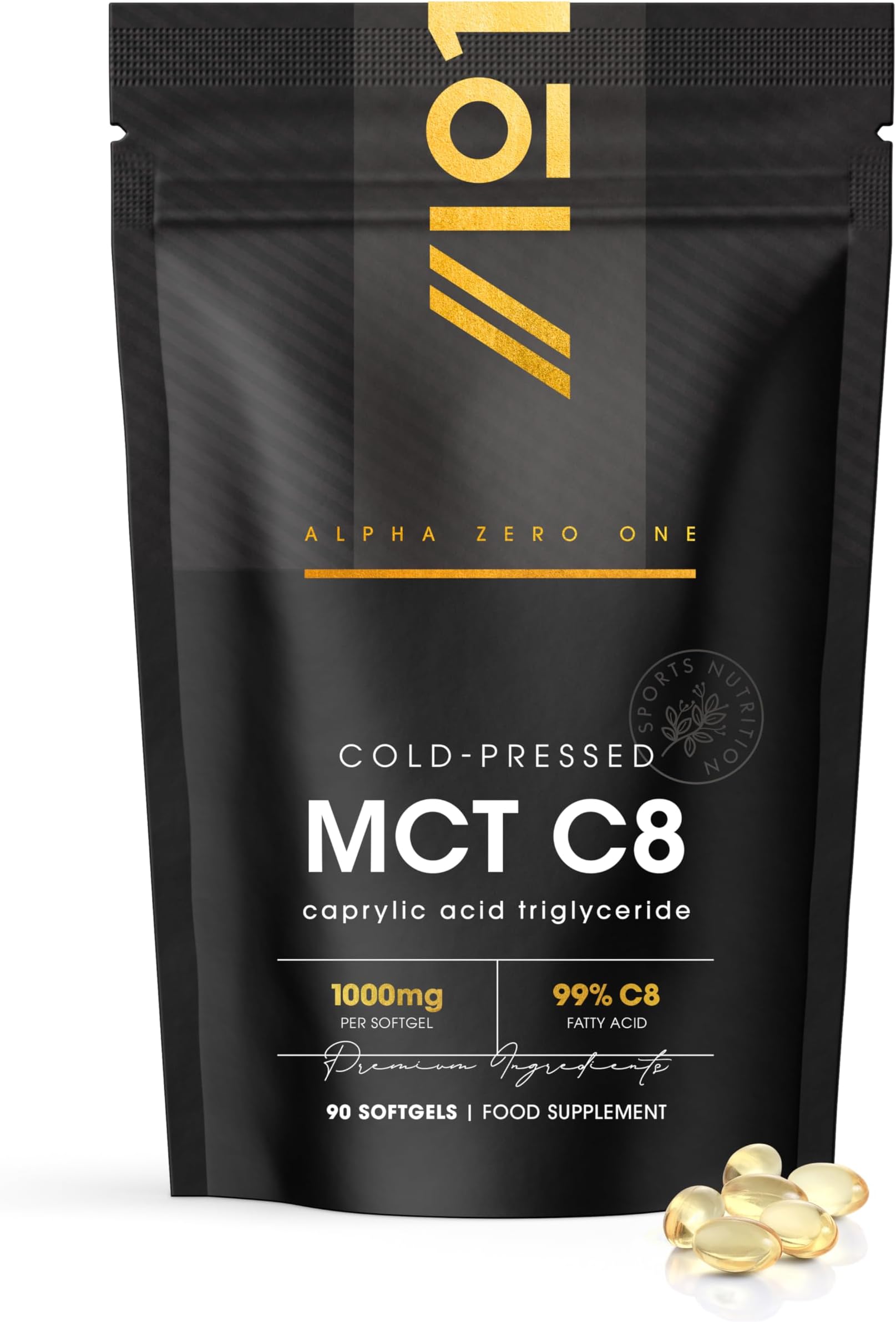 MCT C8 Oil Capsules 1000mg – 99% C8 – 90 Softgels – Caprylic Acid Triglyceride – Made from Coconuts – Resealable and Recyclable Pouch by Alpha01