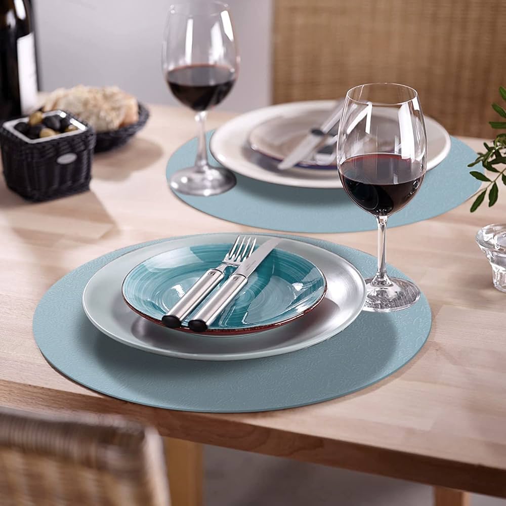 KERYCHIN 6 Round Leather Placemats(34cm) + 6 Coasters(10cm) Set, Heat-Resistant 212 U00b0F PU Place Mats, Non-Slip And Washable, Table Mats For Home, Hotel, Dining Table, Indoor, Outdoor, (Beige