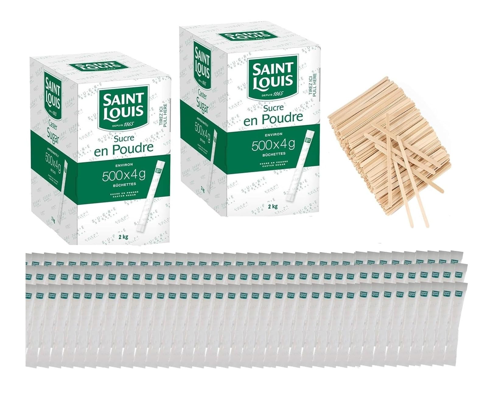 Sucre Blanc en Poudre SAINT LOUIS – 1000 Bûchettes 4 g (4 kg) avec Agitateurs en Bois – Idéal pour Professionnels – Offre Spéciale