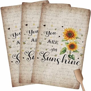 Kitchen Towels Dish Cloths 3 Pack 18x28in,Watercolor Farm Sunflower Bee Heart Super Absorbent Tea Bar Towel Cleaning Cloth Sunshine Quote Retro Letter Soft Hand Towels for Drying Dishes