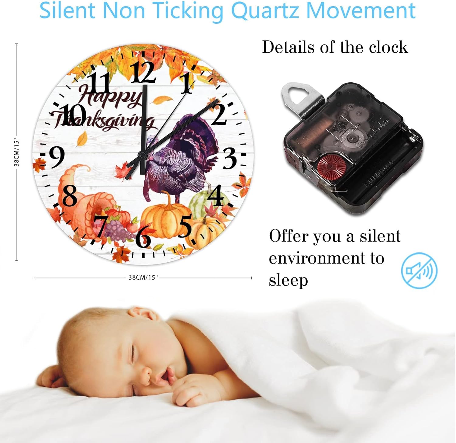 15 Inch Happy Thanksgiving Day Funny Turkey with Pumpkins Maple Leaves Wood Wall Clock Silent Non Ticking Welcome Halloween Thanksgiving Office Decor for Men Round Clock for Living Room Office