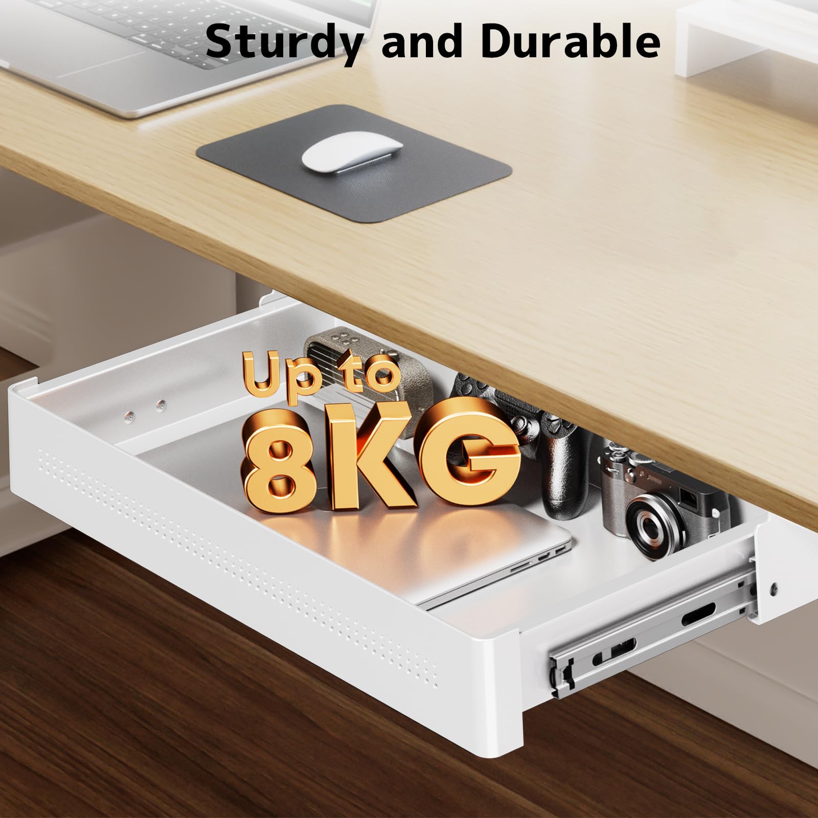 Tiroir de Rangement sous Bureau 400mm de large,Charge Max 8 kg | Organisateur Coulissant Fluide pour Bureau Assis-Debout et Bureau à Domicile,Glisse Silencieuse,Blanc