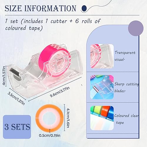 Miniatura 2 de 6 rollos de cinta iluminadora extraíble con dispensador, 0.7 x 288 pulgadas, cinta de color transparente con mini dispensador recargable, tiras de