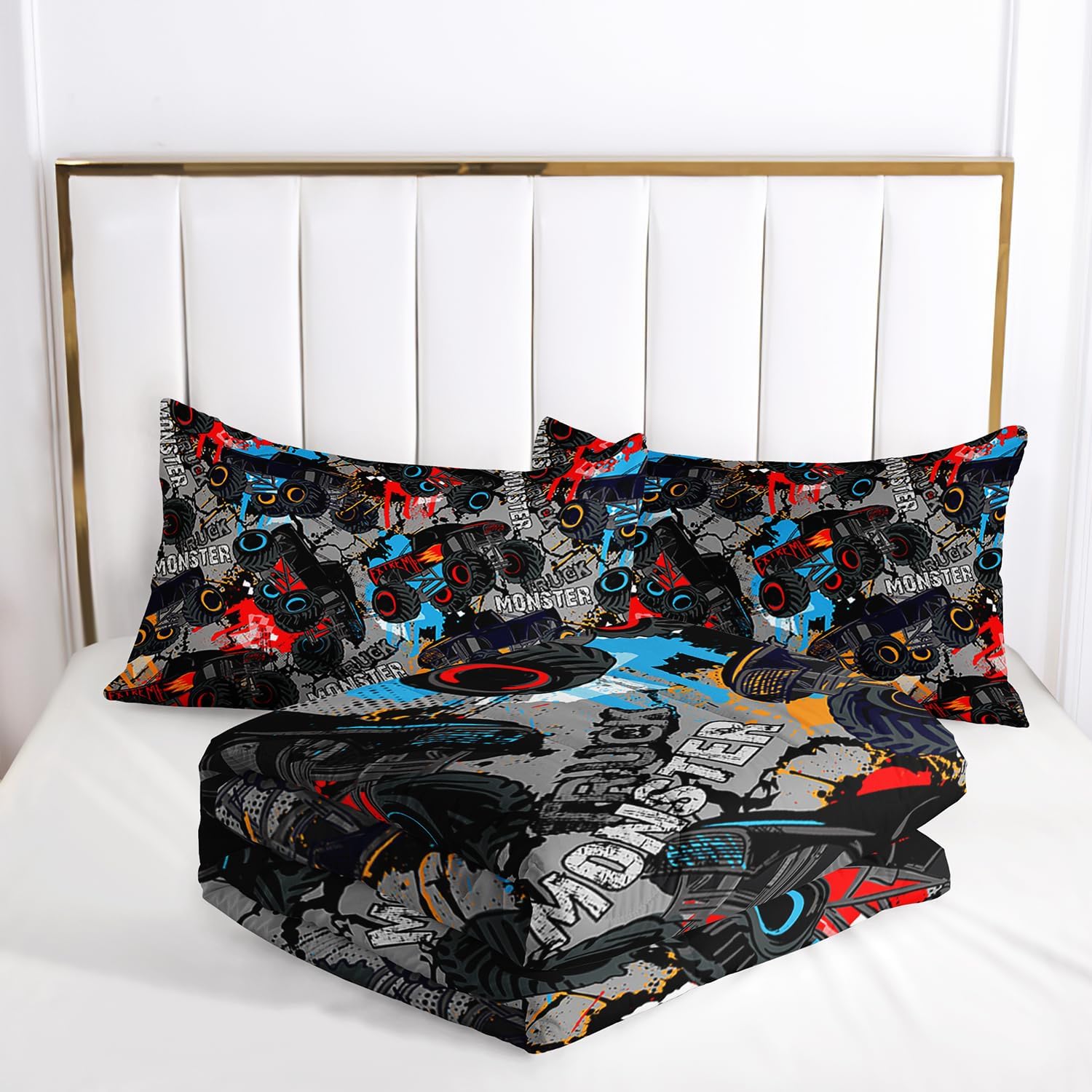 AILONEN Cartoon Monster Trucks Comforter Set Full Size, Colorful Motorcycle Bedding Set for Kids,Boys,Jam Truck Car Printed Duvet Set,3-Piece, 1 Quilt and 2 Pillowcases - Image 5