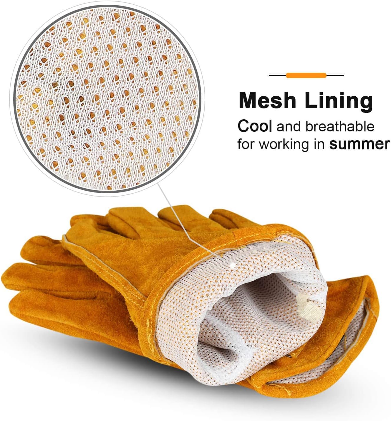 OZERO Leather Work Gloves Flex Grip Tough Cowhide Gardening Glove for Men and Women (Large, Gold With Mesh Linning) - Image 3