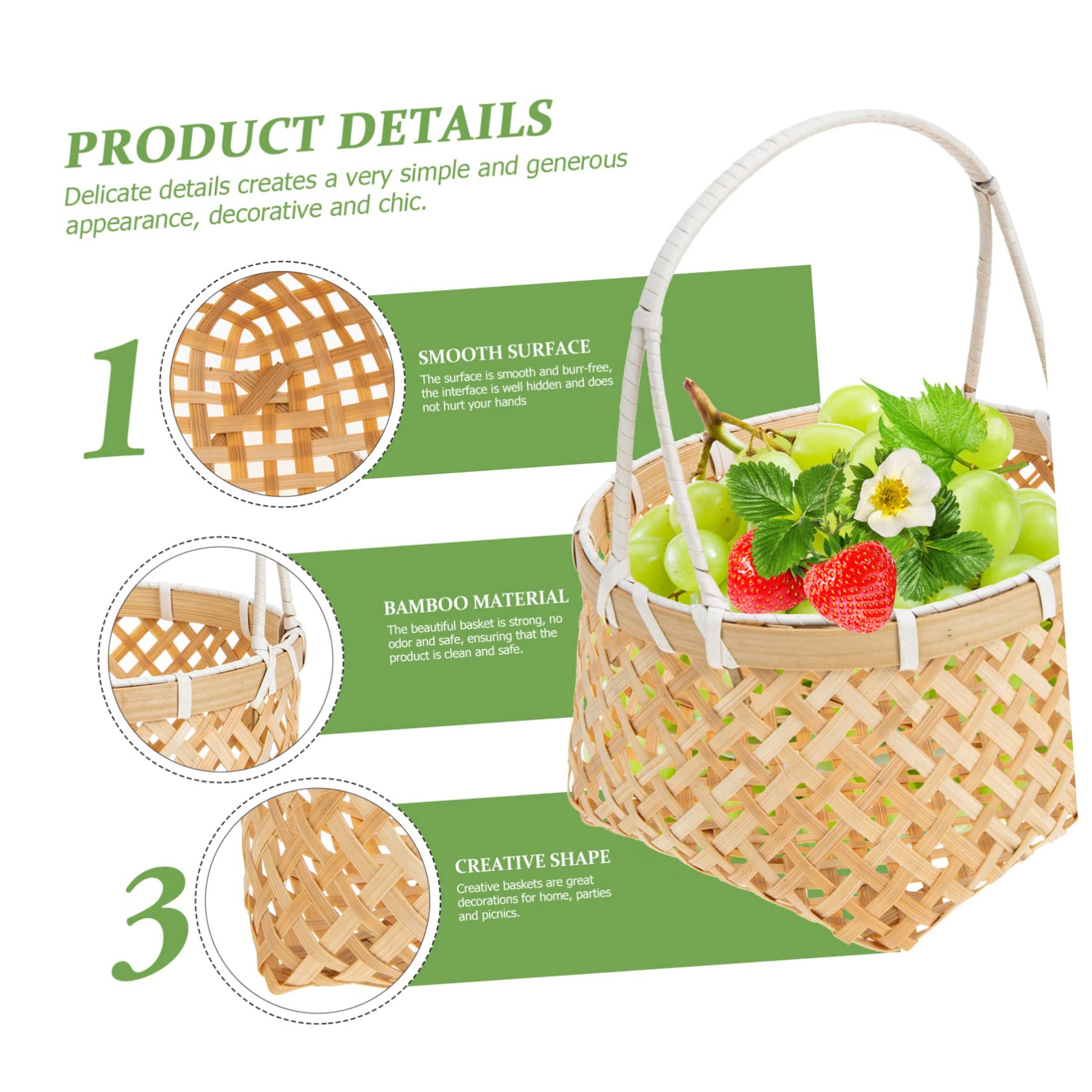 Ciieeo 2 Cestas Pequeñas de Bambú Tejidas Asas, Ligeras y Seguras, para Frutas, Flores y Decoración del Hogar, Estilo Natural